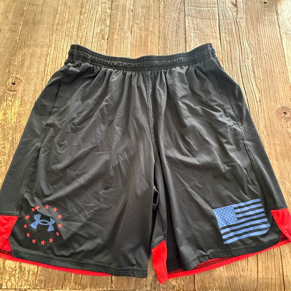 Under Armour Men's Black Shorts with Red and Blue Accents